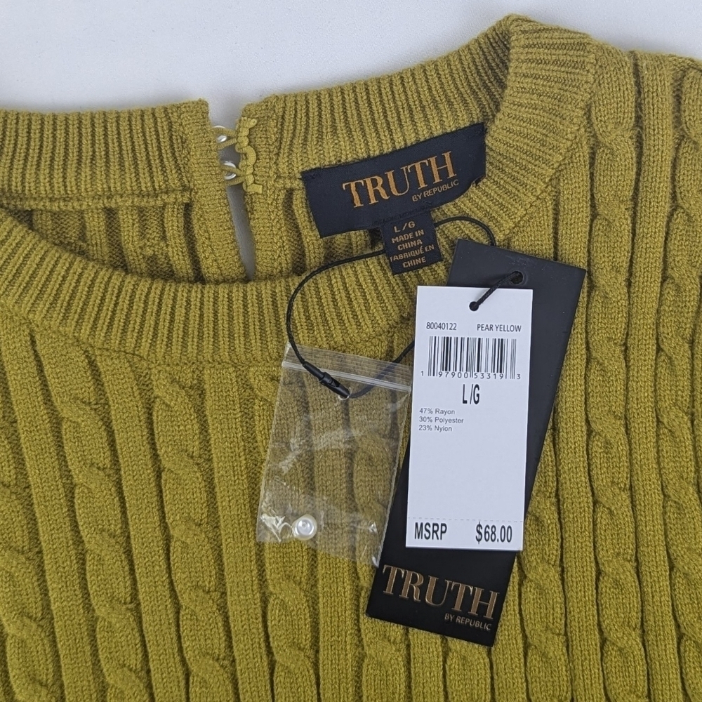 TRUTH By Republic Cable Knit Sweater Short Sleeves Crew Neck Pear Yellow L NWT - Picture 9 of 9